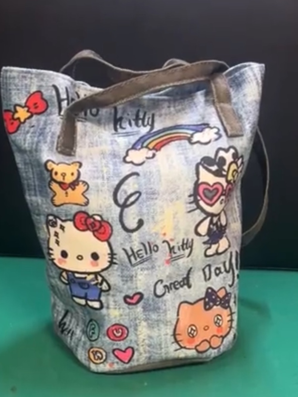 Hello Kitty Multicolor Denim-Print Tote with Brown Straps